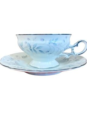 Mikasa Chalfonte Tea Cup Saucer Set Blue White Floral Pattern Vintage Fine China